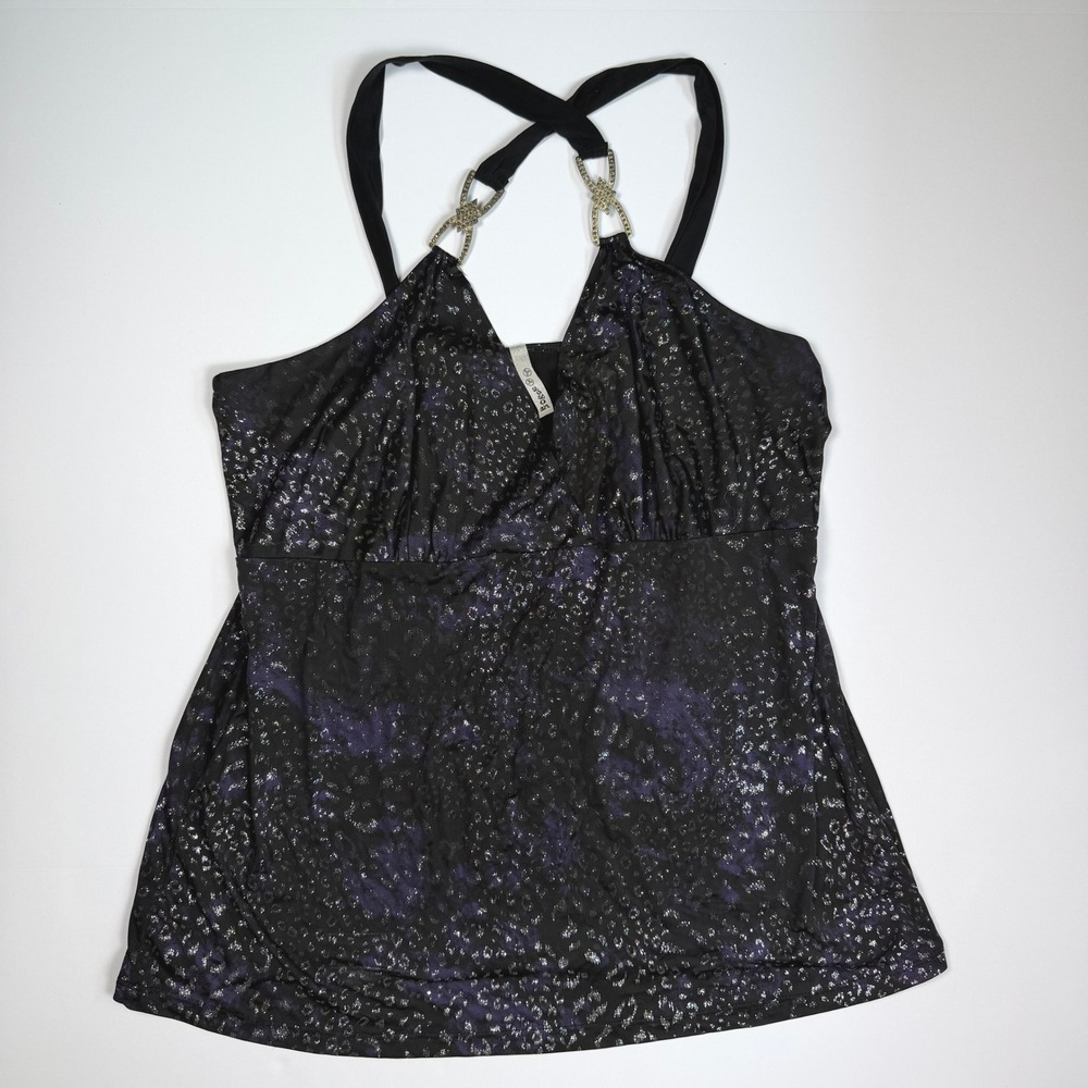 Sosie Y2K Party Womens Halter Top Black Purple Metallic Animal Print 2XL